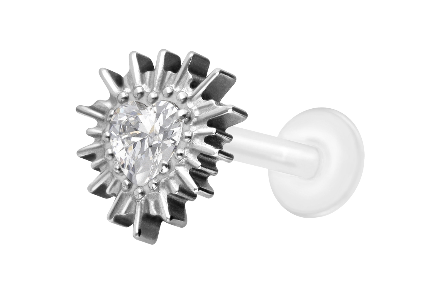 PTFE Labret Piercing mit Innengewinde + Titan-Aufsatz KRISTALLHERZ + SONNENSTRAHLEN